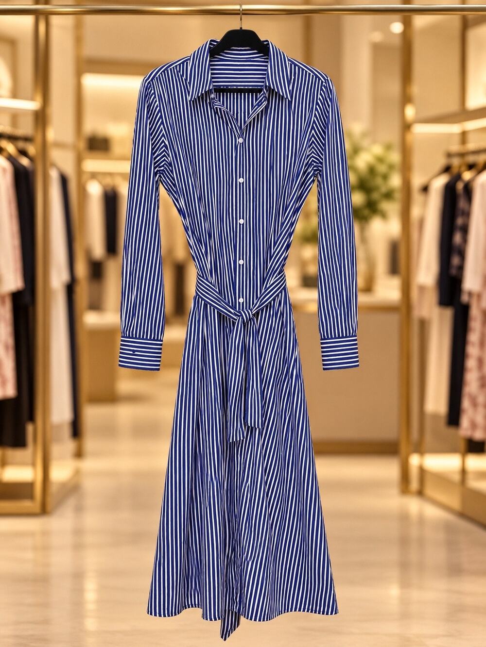 Polo Ralph Lauren Navy White Striped Belted Shirt Midi Dress Size 14 NWOT Chic